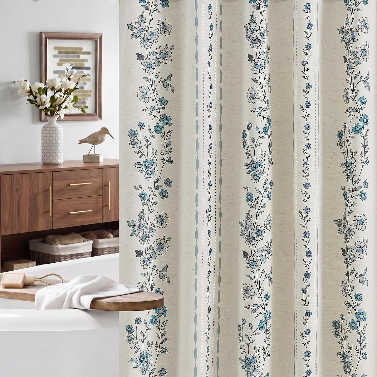 ORTIGIA Blue Linen Shower Curtain Farmhouse Floral 72x84