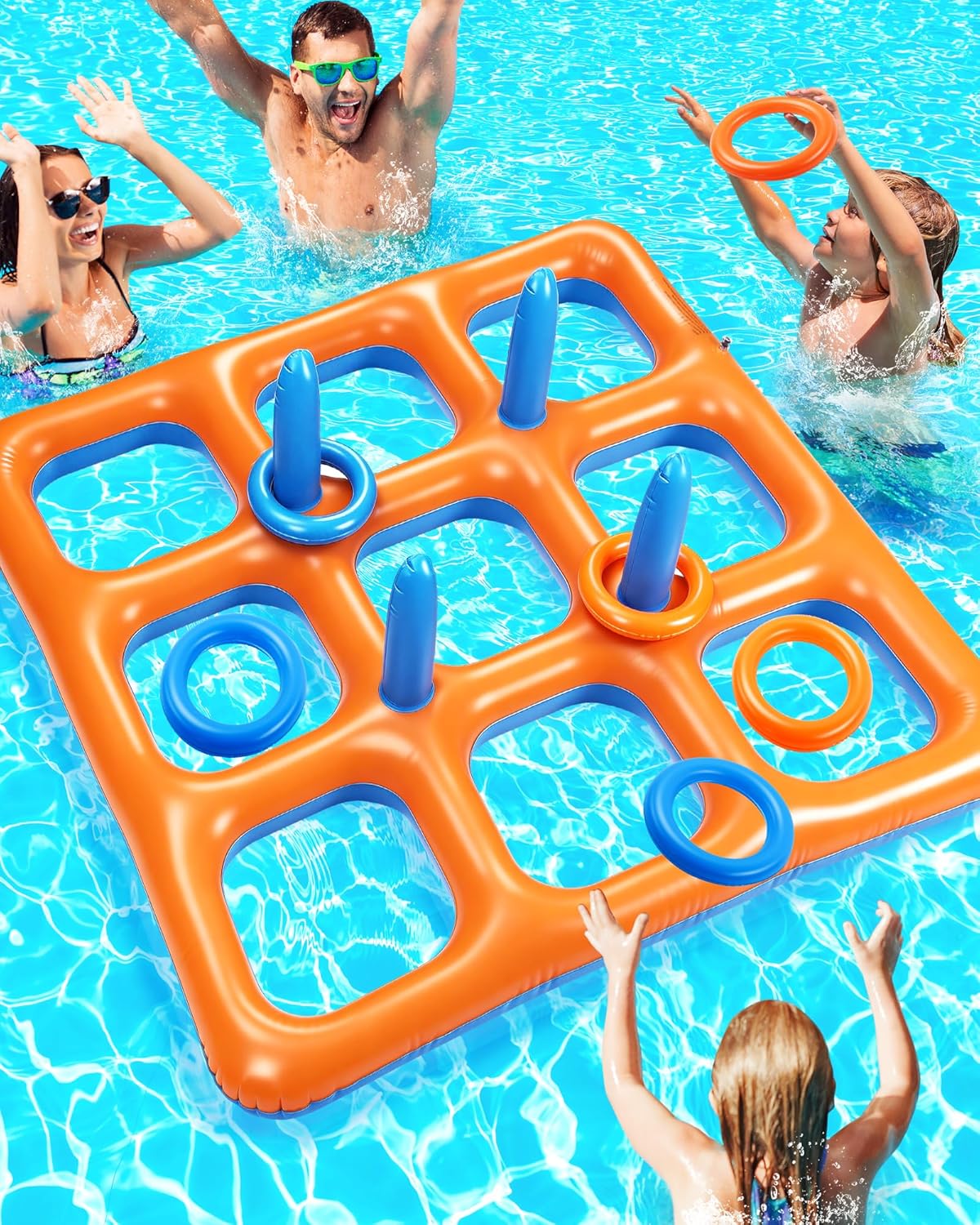 KOCCQUE Pool Toys for Kids Adults: 2 in 1 Tic Tac Toe & Ring Toss Pool Games for Family - Outdoor Water Toys - Giant 59" Floating Beach Party Toy - 2–10 Players - All Ages Summer Gifts