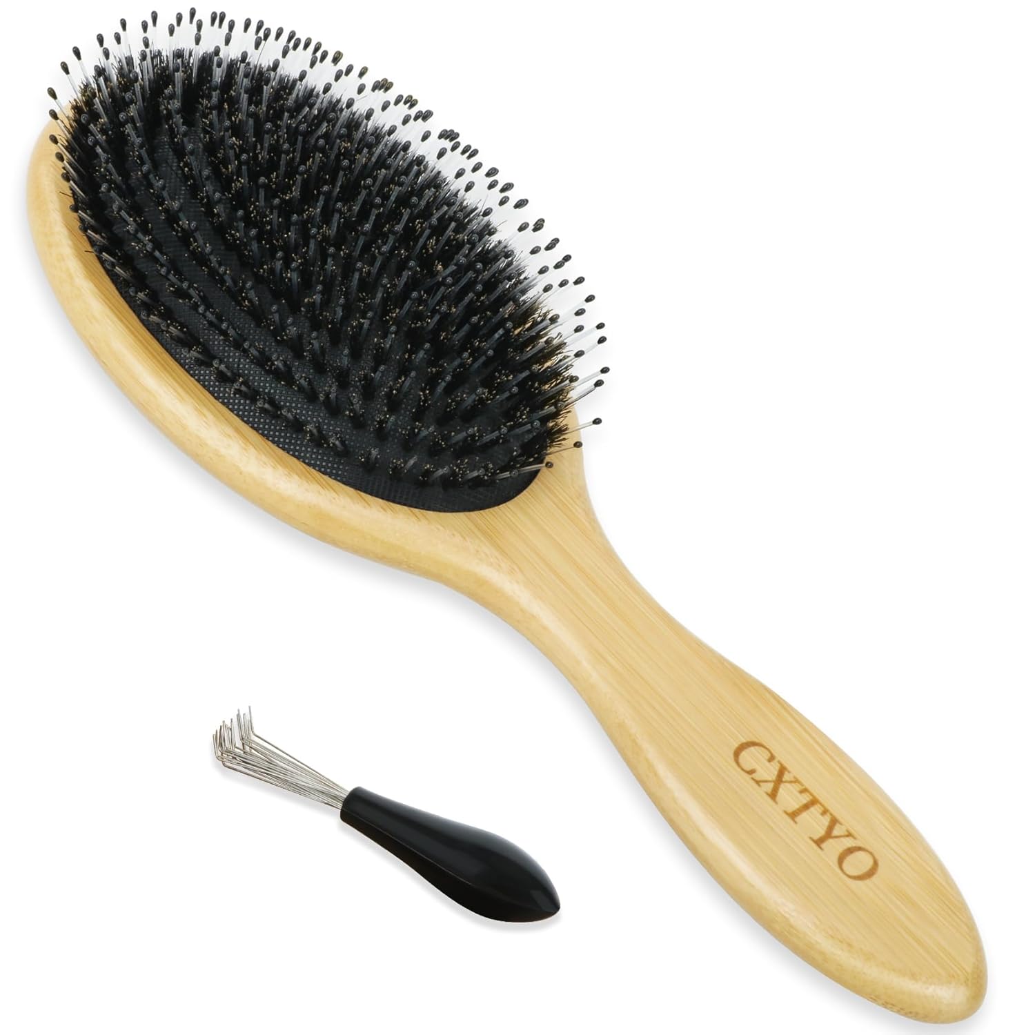 Bamboo Hair Brush - Boar & Nylon Bristle Paddle Brush for Thick, Curly Hair - Anti Static Detangling, Reduces Hair Breakage