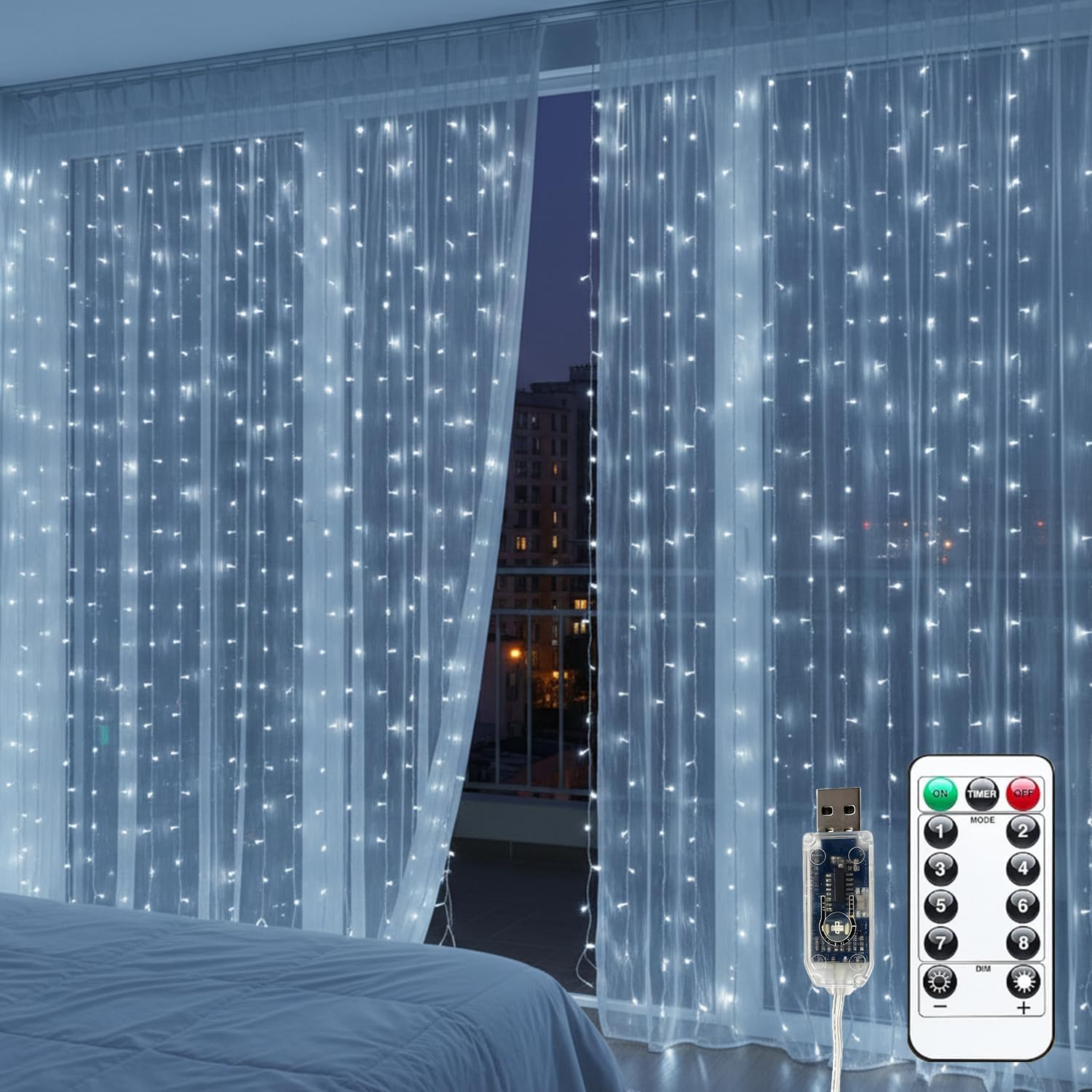 Curtain Lights for Bedroom 300 LED Fairy String Lights with Remote, 8 Modes Timer, USB Plug in Waterproof Twinkle Lights for Backdrop Wedding Party Indoor Outdoor Decor, 9.8ft x 9.8ft, Christmas Light