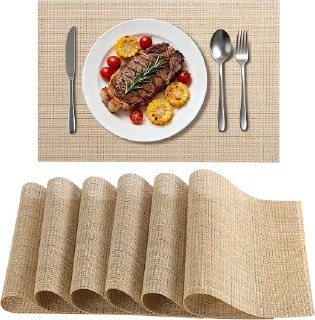 PR!CE DROP UNDER 7 ( ) Timeet Placemats Set of 6, Heat Resistant Non-Slip Place Mats for Dining Table, Durable Washable PVC Vinyl Woven Table Mats, Linen Textured Placemats for Kitchen Resistant Easy to Clean(Beige