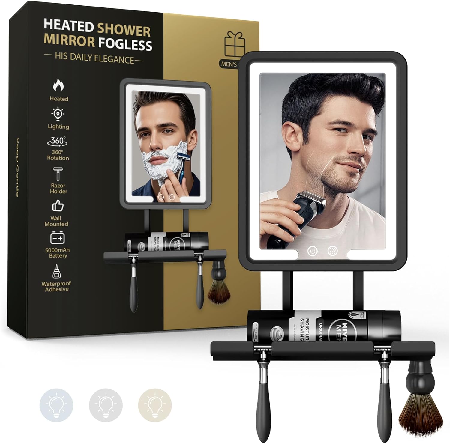Quick Clear Shower Mirror Fogless for Shaving with Light - Electric Heated Shaving Mirror, No Water Needed, Rechargeable Anti Fog Bathroom Mirror, Dual Mount Installation, IPX4 Waterproof
