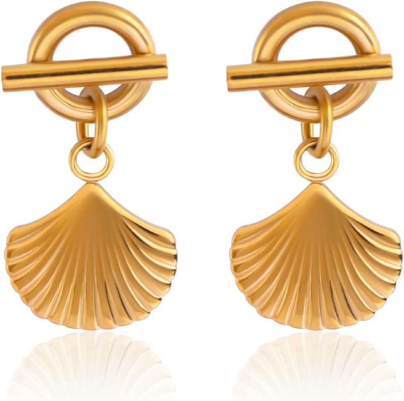 Natural Heart Stone Earring for Women 18K Gold Plated Dainty Beach Starfish Shell Huggie Drop Earrings Heart Jewelry Gift for Her