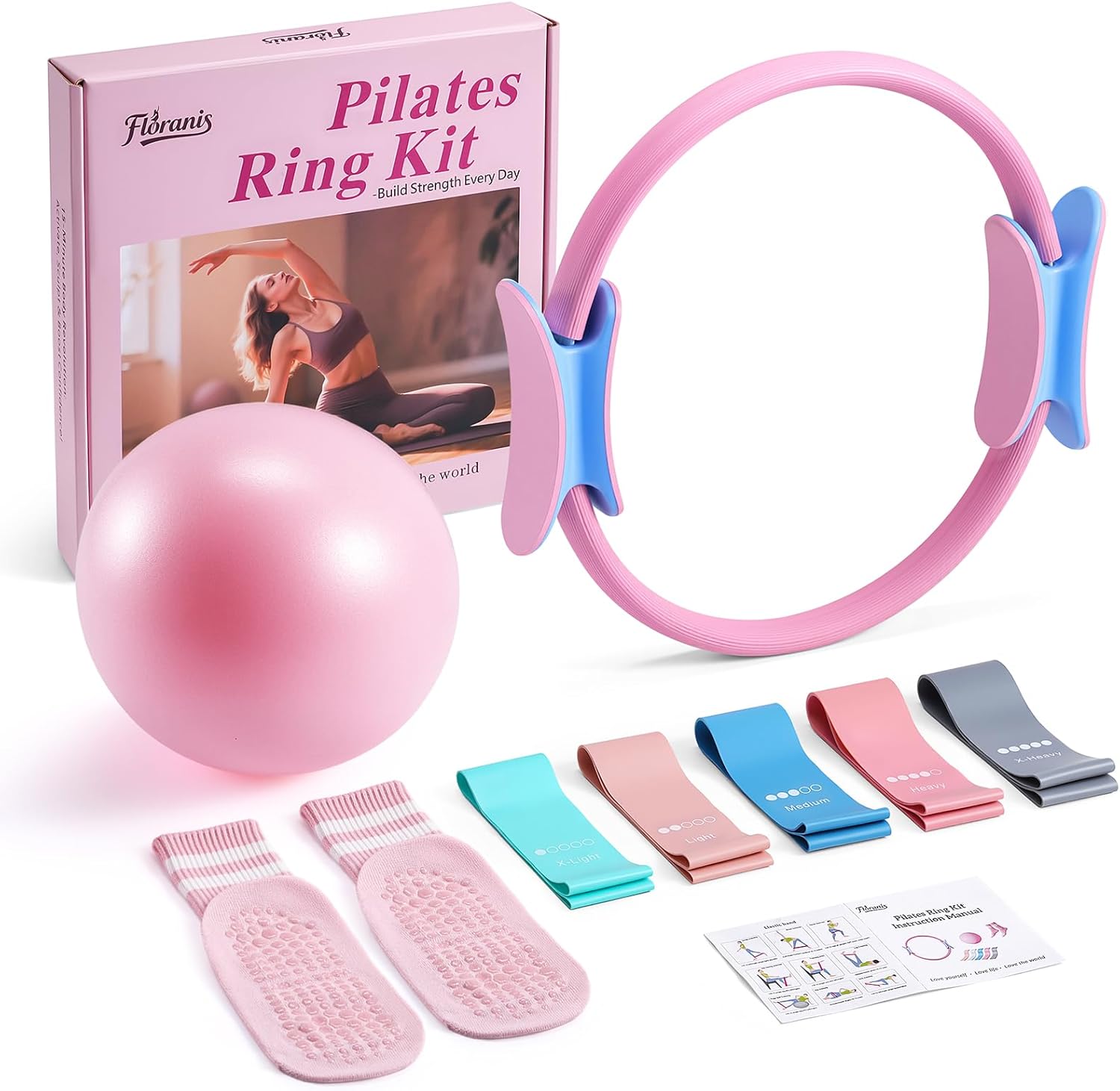 Floranis Home Pilates Essentials Kit for Women Ring and Ball Pilates Set Equipment, Magic Circle with 5 Resistance Bands Premium Accessories Kit for Beginner Toning Workouts at Home