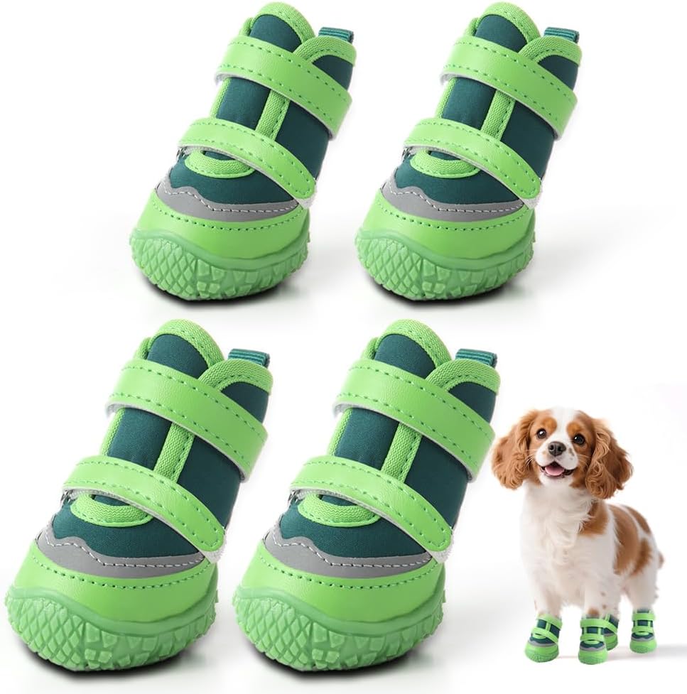 Dog Shoes for Small Dogs, Breathable Dog Boots Paw Protector for Hot Pavement Winter Snow, Dog Booties with Reflective Strips Rugged Anti-Slip Sole for Hardwood Floors Outdoor Walking Green Size 3
