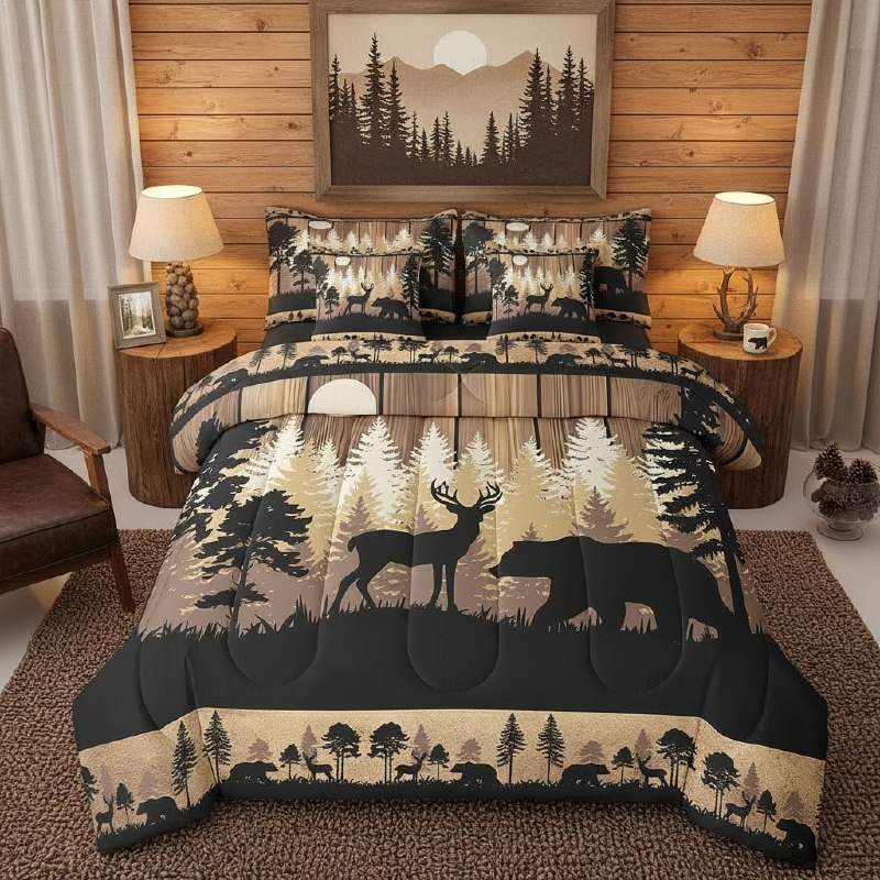 Feelyou Rustic Bear Deer Comforter Set 7 Piece Queen Size for Kids Boys
