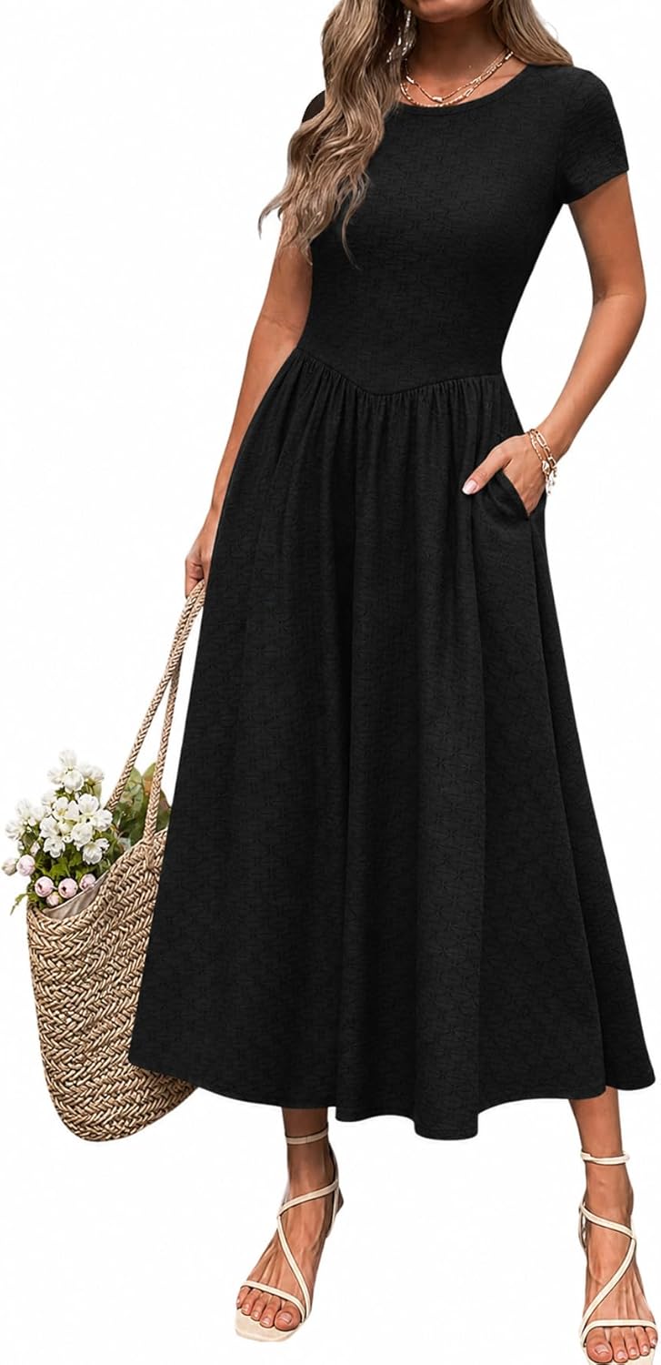 materasu Women Short Sleeve Textured Midi Dress with Pocket High Waist A Line Casual Dress