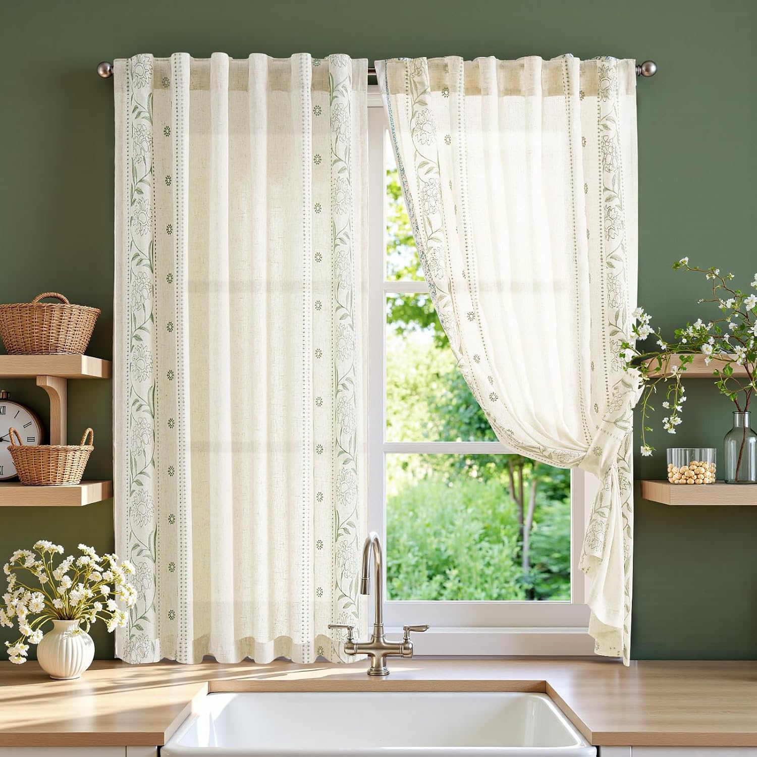 Jinchan Green Floral Curtains