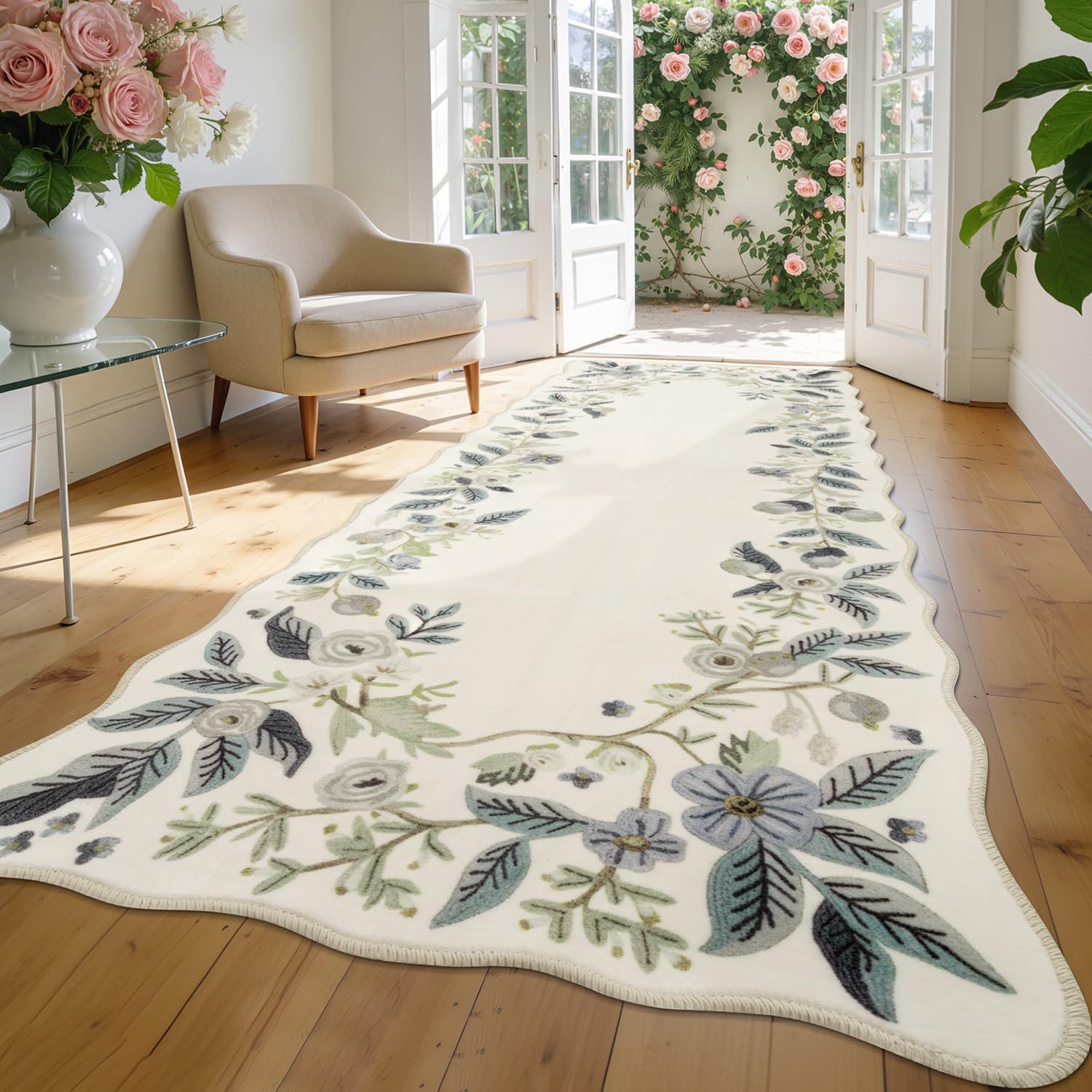 Floral Runners for Hallways, 2x6 Washable Vintage Kitchen Runner with Rubber Backing Non Slip, Farmhouse Area Rugs for Kitchen, Hallways, Laundry, Bedroom, Bathroom (Creamy White)