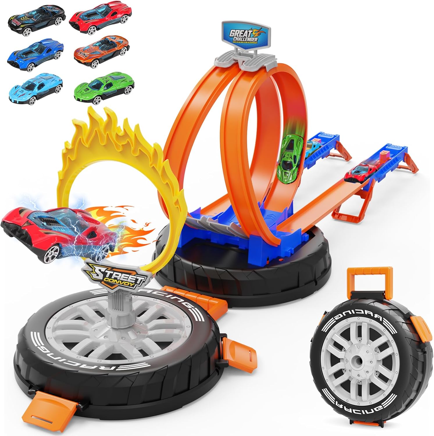 Toy Car Race Track Set for Kids Ages 4-8, Stunt Tire-Shaped Case Transforms into Race Course, 6 Cars in 1:64 Scale, 2 Ways to Play, Action Loop Cyclone Challenge & Speed Snap Track