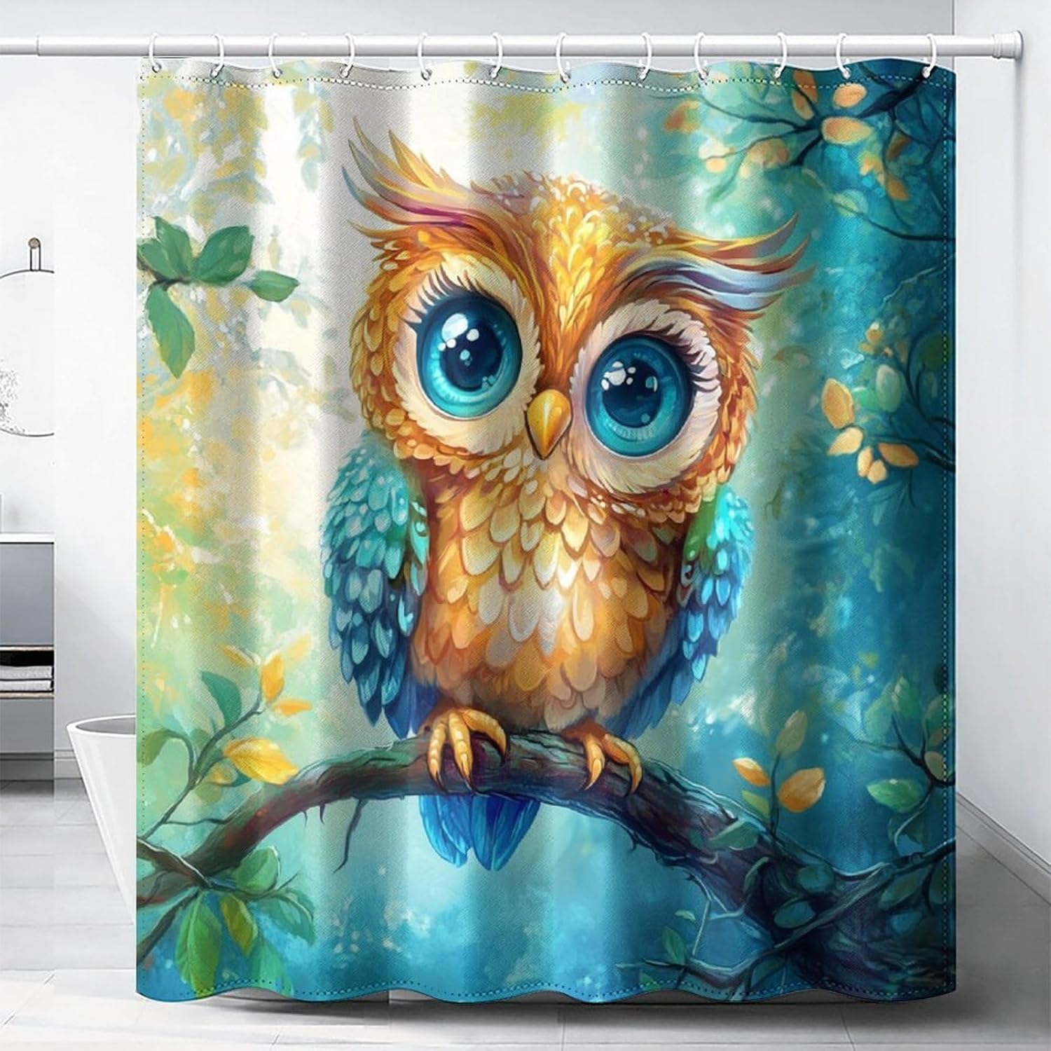 Cartoon Cute Owl Shower Curtain, Big Eyes Animal Bathroom Decor Washable Shower Curtain Set with Hooks, 72" Wx72 L