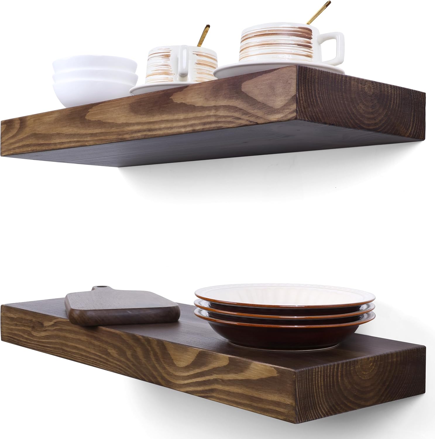 30.00 OFF 2 Inch Thick Solid Wood Floating Shelves for Wall, 8.66 Inch Deep Walnut Finish Floating Shelves, Set of 2, Real Wood,with Sturdy Hidden Bracket, Wall Mounted Shelf for Bedroom, Kitchen, Living Room