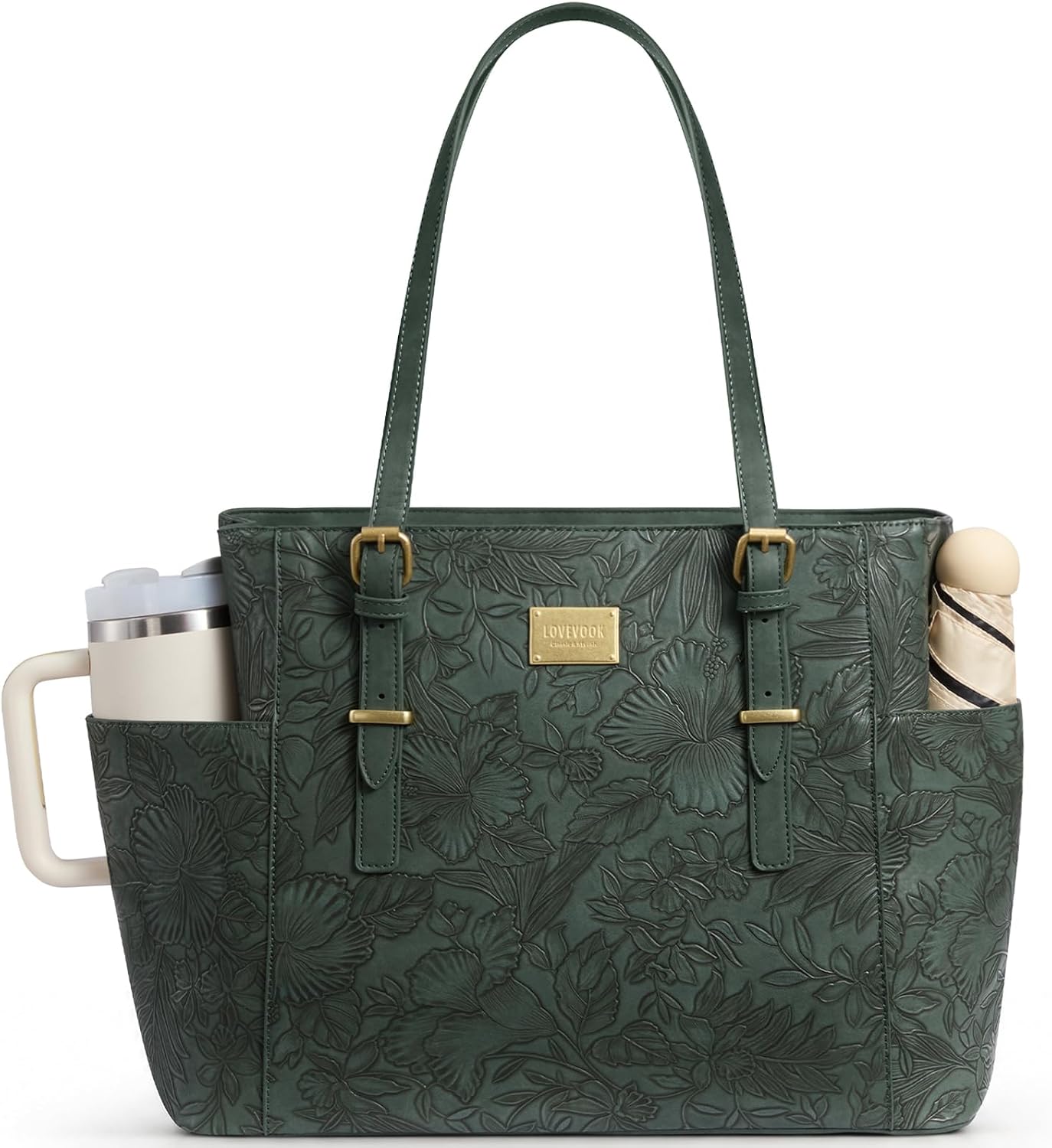 LOVEVOOK Laptop Tote Bag for Women, Vintage Leather 17.3 Inch Work Tote with Large Water Bottle Pocket, Teacher Nurse Professional Computer Bag, Office Briefcase Handbag Gift, Embossed Green