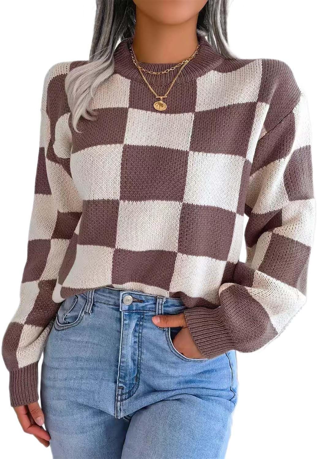 Color Block Plaid Pullover Sweaters