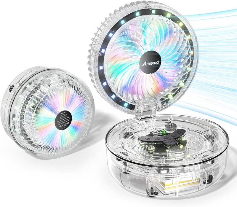 AMACOOL Transparent Folding Desk Fan Rechargeable, Max 83H Runtime, 7 Inch