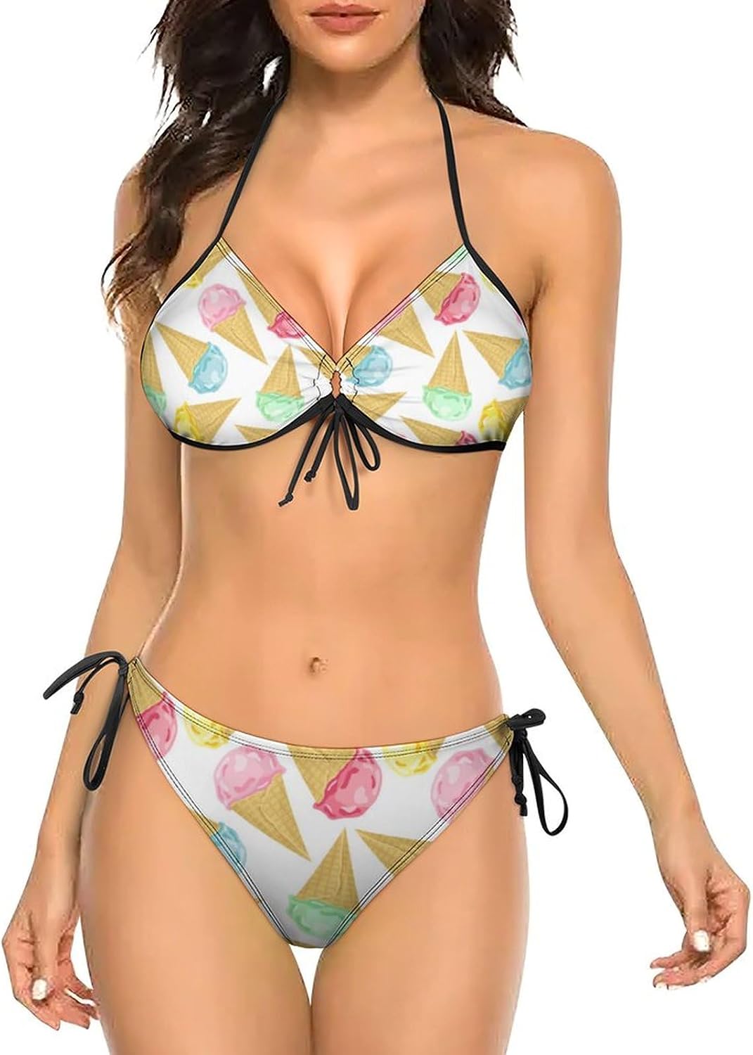 Women Two Piece Bikini Set Halter Padded Top Tie Side Bottom Triangle Swimsuit