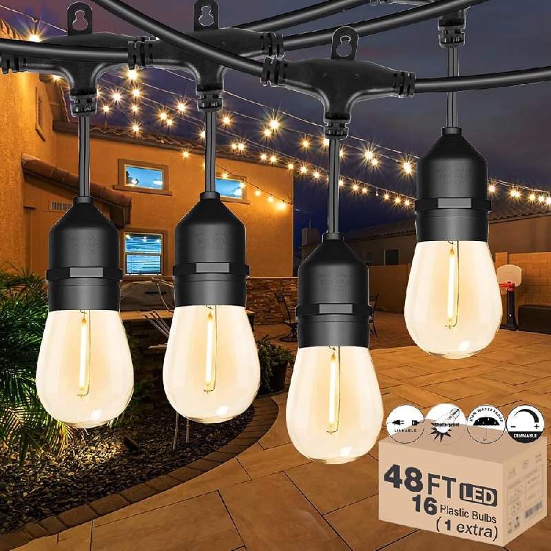PR!CE DROP + 5% OFF CLIP COUP0N ( ) Outdoor String Lights for Outside 48FT with 15+1 2700K LED S14 Shatterproof Bulbs for Patio Back Yard Porch, Linkable
