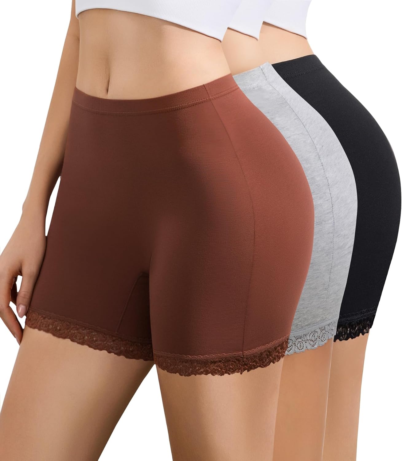 J-pone Boy Shorts Underwear for Women Cotton High Waisted Boyshort Stretch Full Coverage Lace Trim Boxer Shorts Multipack