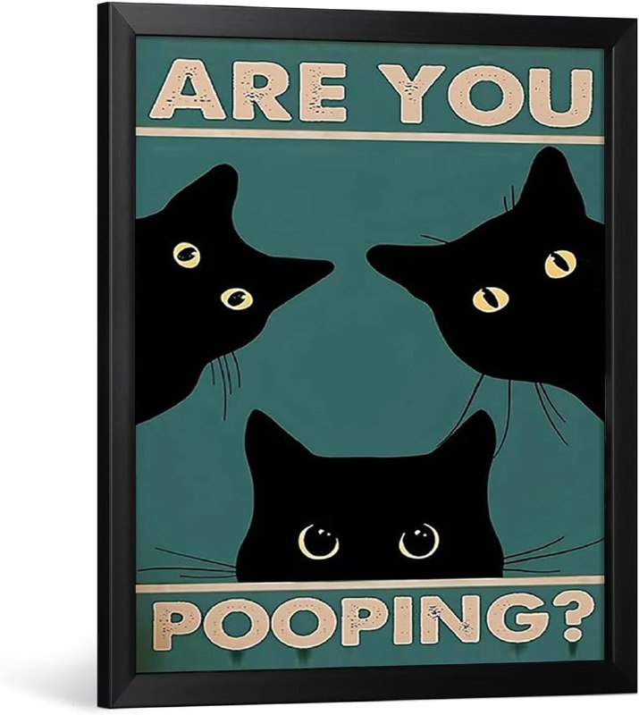 Vintage Bathroom Decor Wall Art Framed, Gothic Home Decor for Apartment - Are You Pooping? Black Cat Funny Bathroom Wall Art Posters 10L x 8W Inch