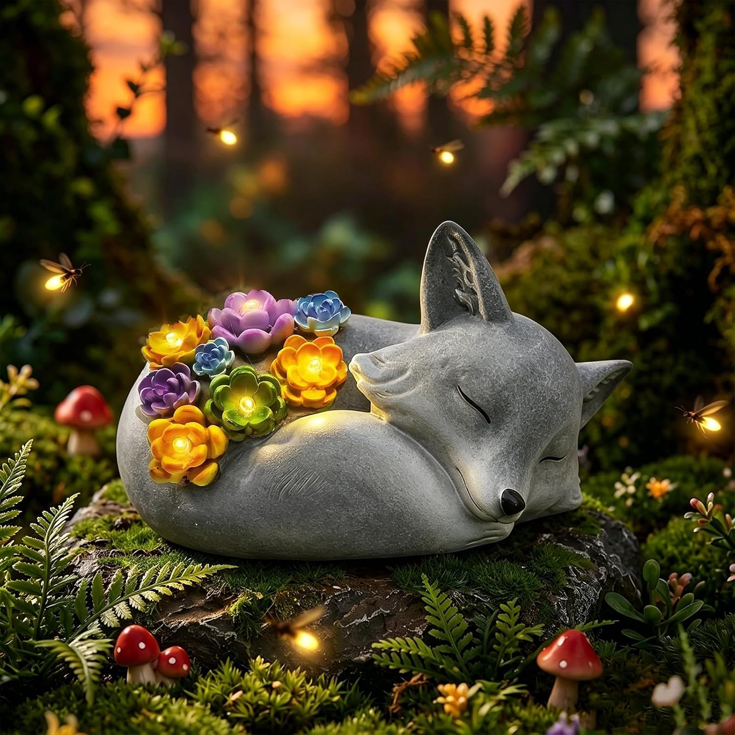 Solar Sleeping Fox Garden Statues