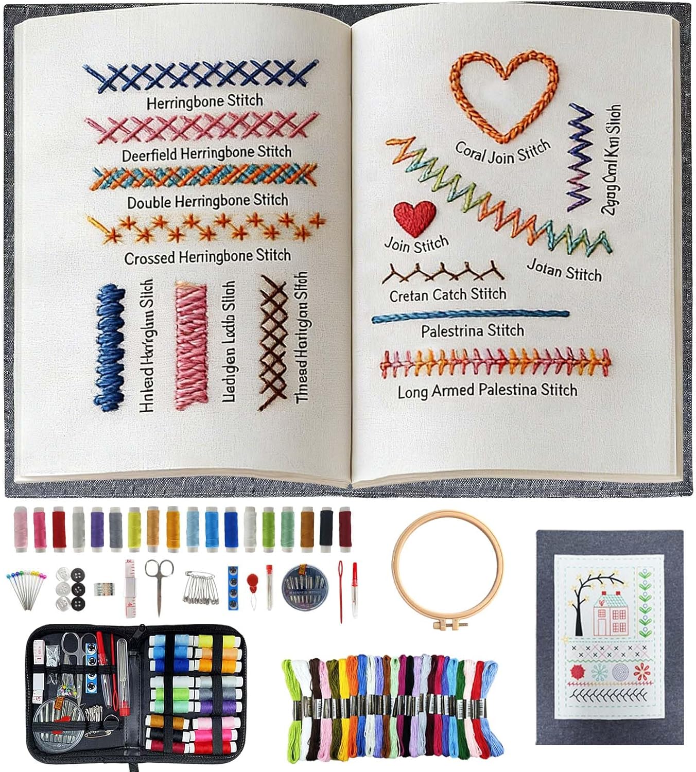 Embroidery Stitch Book Kit for Adults & DIY Craft Enthusiasts, Portable Embroidery Kit for Beginners, Includes Guide to 106 Patterns with Tools & Tutorials and 86-Piece Sewing Tool Set (1 Kit)