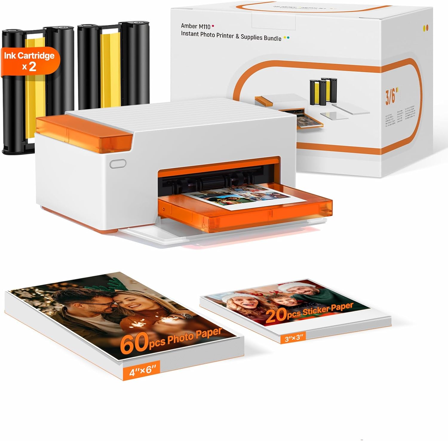 Liene M110 4x6'' Photo Printer 80 Sheets, Portable Photo Printer for iPhone, Thermal Dye Sublimation, Bluetooth Picture Printer w/ 60 Sheets 6" Paper & 20 Sheets 3" Square Sticker Paper & 2 Cartridges