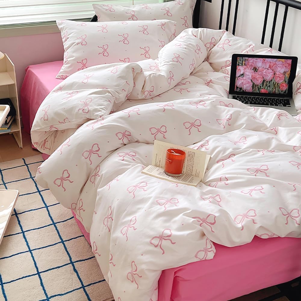 Nayoroom Pink Bow Duvet Cover Full Polka Dot Coquette Bedding Set