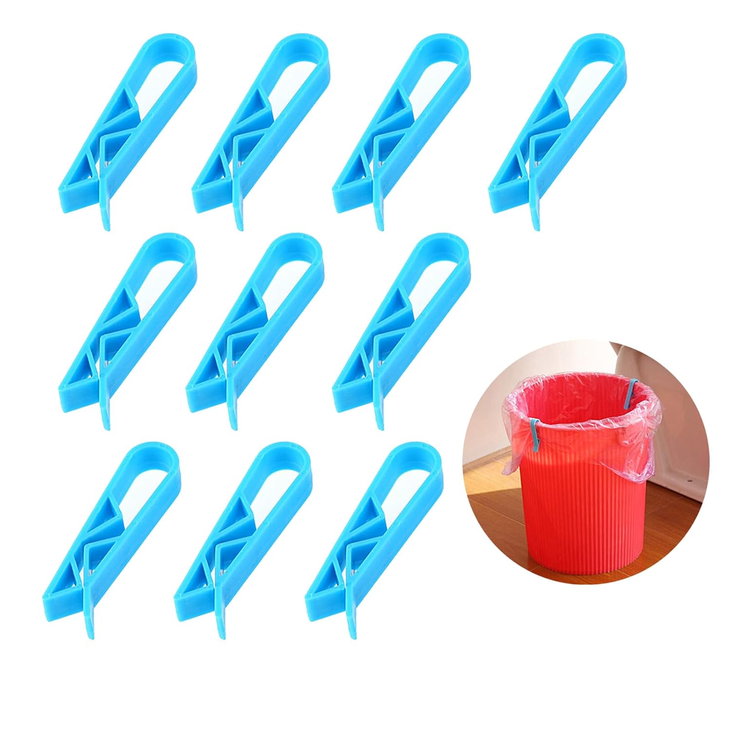 10 Pack Garbage Bin Clips, Plastic Kitchen and Washroom Trash Can Bag Clamps, Sturdy Anti-Slip Fixation Holder for Waste Baskets and Rubbish Bags (Blue)