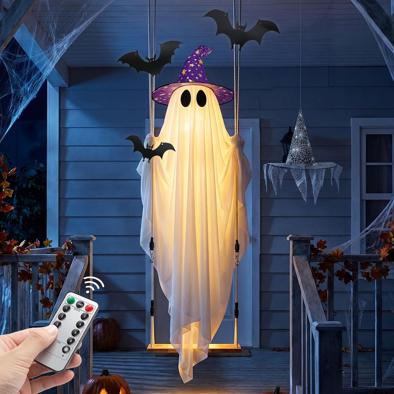 Halloween Ghost Decor with Bat & Hat - 11 FT Large Hanging Swinging Ghost