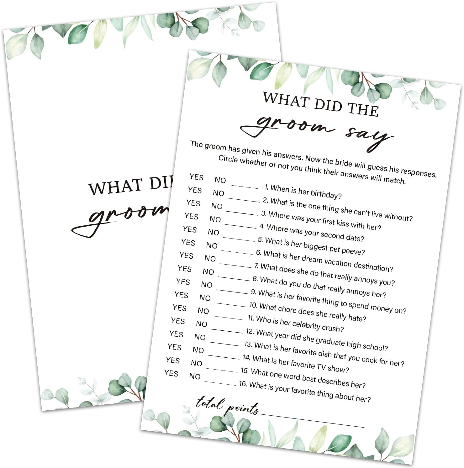 30 Pcs What Did the Groom Say Game Wedding Shower Games, Bridal Shower Games 30 Guests for Engagement Wedding Party, Bridal Game for Showers (Eucalyptus Botanical Style) -0011
