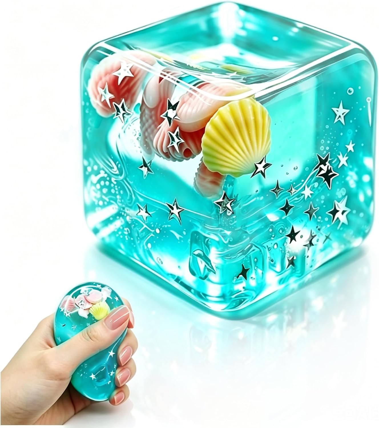 Ocean Squishy ,Soft Slow Rising Squishy Cube Squeeze Toy with Seashells and Glitter,Stress Balls for Relieving Anxiety,Office,School & Party Favors
