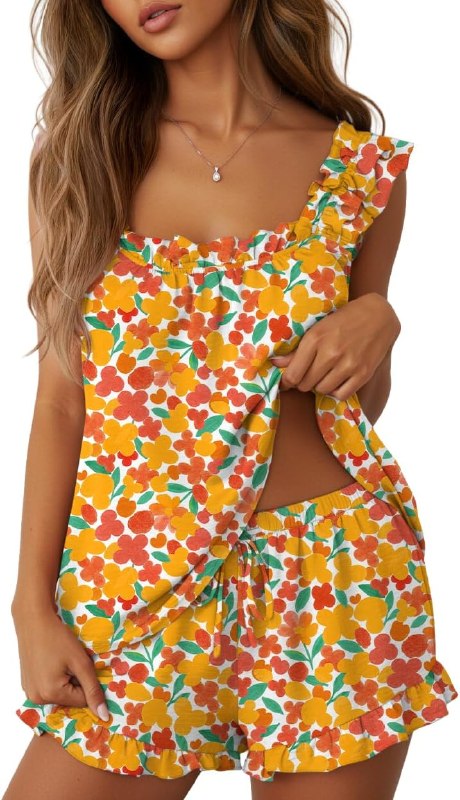 Lepunuo Pajamas for Women Summer 2 Piece Pjs Ruffle Tank Shorts Sleepwear