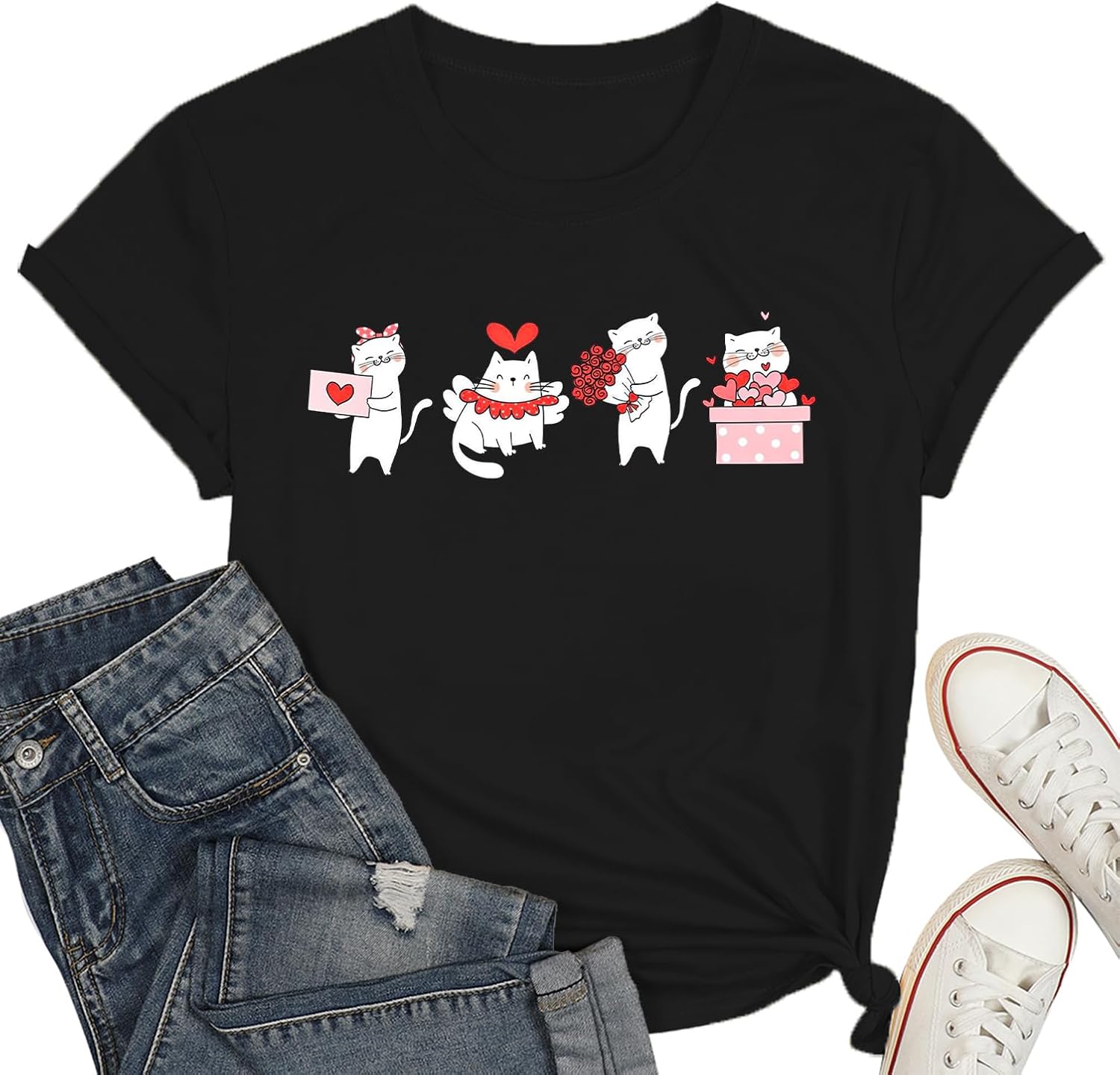 Floral Cat Valentines Shirt Women Womens Valentines T-Shirt Cat Lover Valentines Gift Tee Tops