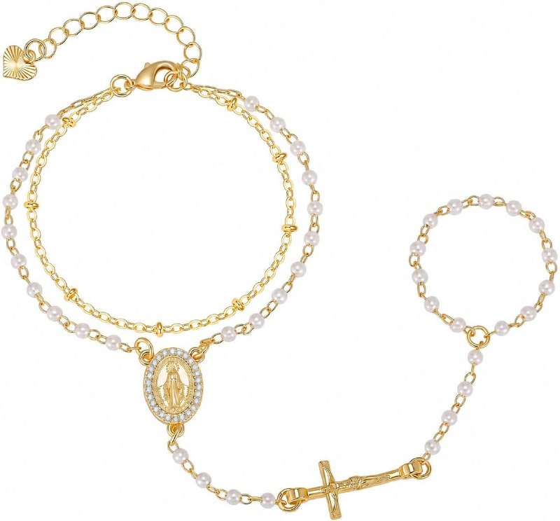 Virgin Mary Hand Chain Bracelet - Double Layer Pearls Rosary Ring Bracelet