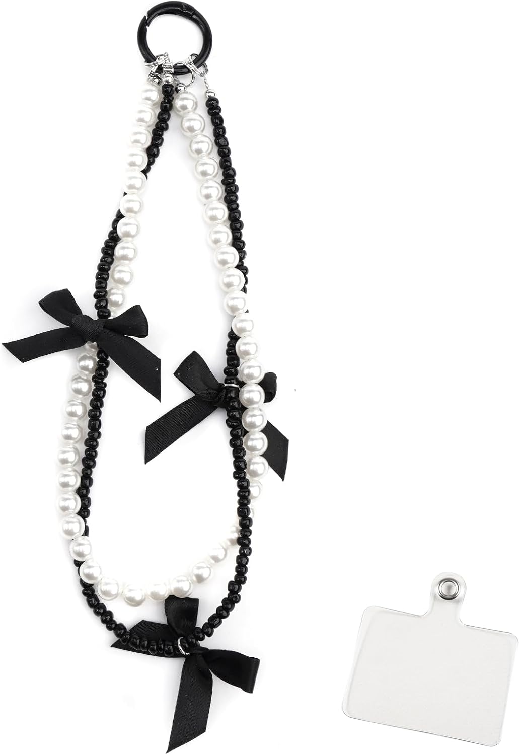 Bow Phone Charms Strap Elegant Double Pearl Black White Bow Aesthetic Y2K Cell Phone Keychain Cute for Bag Camera USB Decor