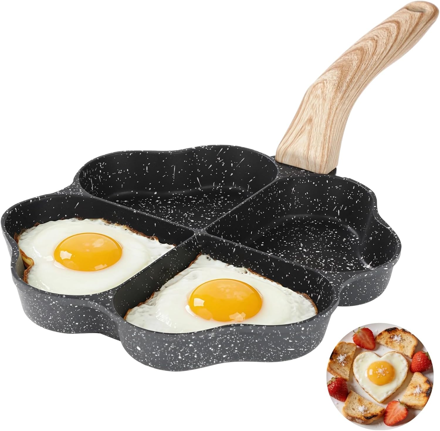 Heart Shaped Egg Frying Pan, 4 Egg Frying Pan Nonstick, Including Silicone Brush and Spatula, Breakfast Skillet, Fast Heating, Perfect for making breakfast