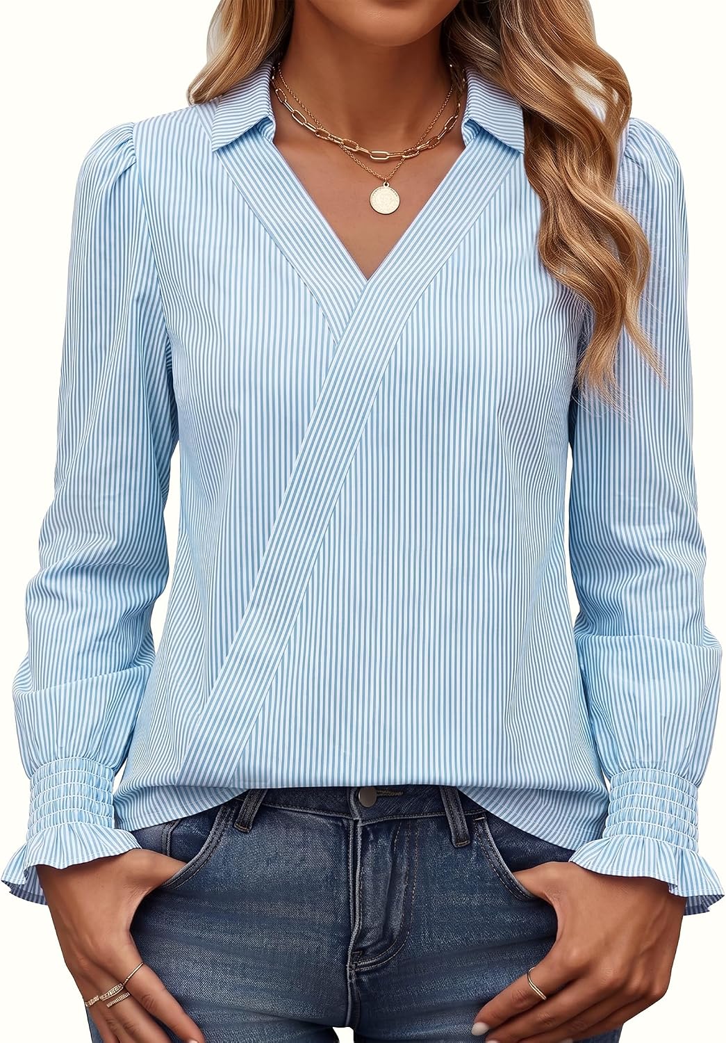 Funlingo Women Long Sleeve V Neck Collared Shirts Business Casual Work Tops