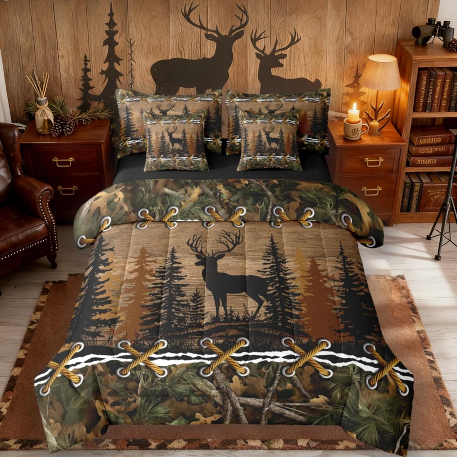 Erosebridal Deer 7 Piece Comforter Set Full Bed in a Bag | Country Camo Bedding Sets Mens Elk Moose Comforter and Sheet Set, Deer Comforter Set Woodland Animals Farmhouse Bed Sets,Cabin Hunting Decor