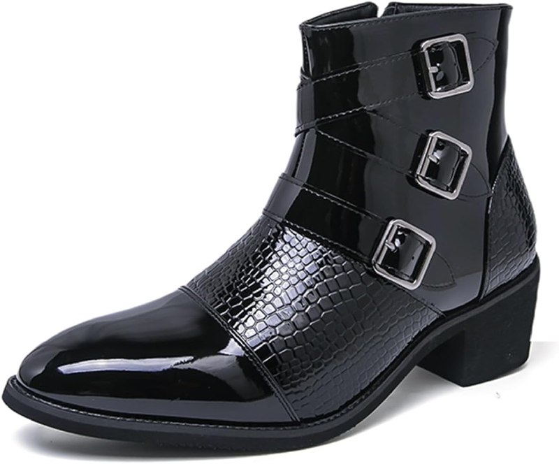 Men's Snake Pattern Patent Leather Pull On Chunky Block Heel Ankle Chelsea Boot with Metal Buckles Pointed Toe Non Slip Formal Dress Shoe For Party Wedding Office Business Event Wedding