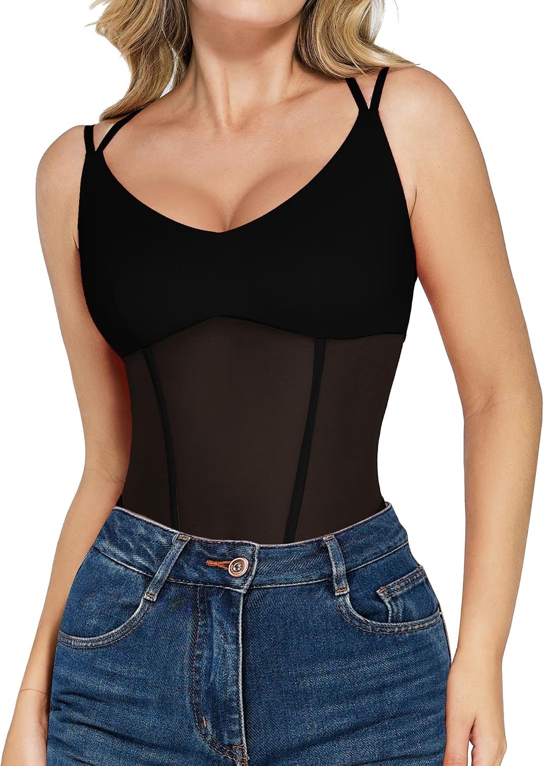Popilush Women Mesh Shapewear Bodysuit Tummy Control Going Out Corset Tops Built in Bra Body Suits