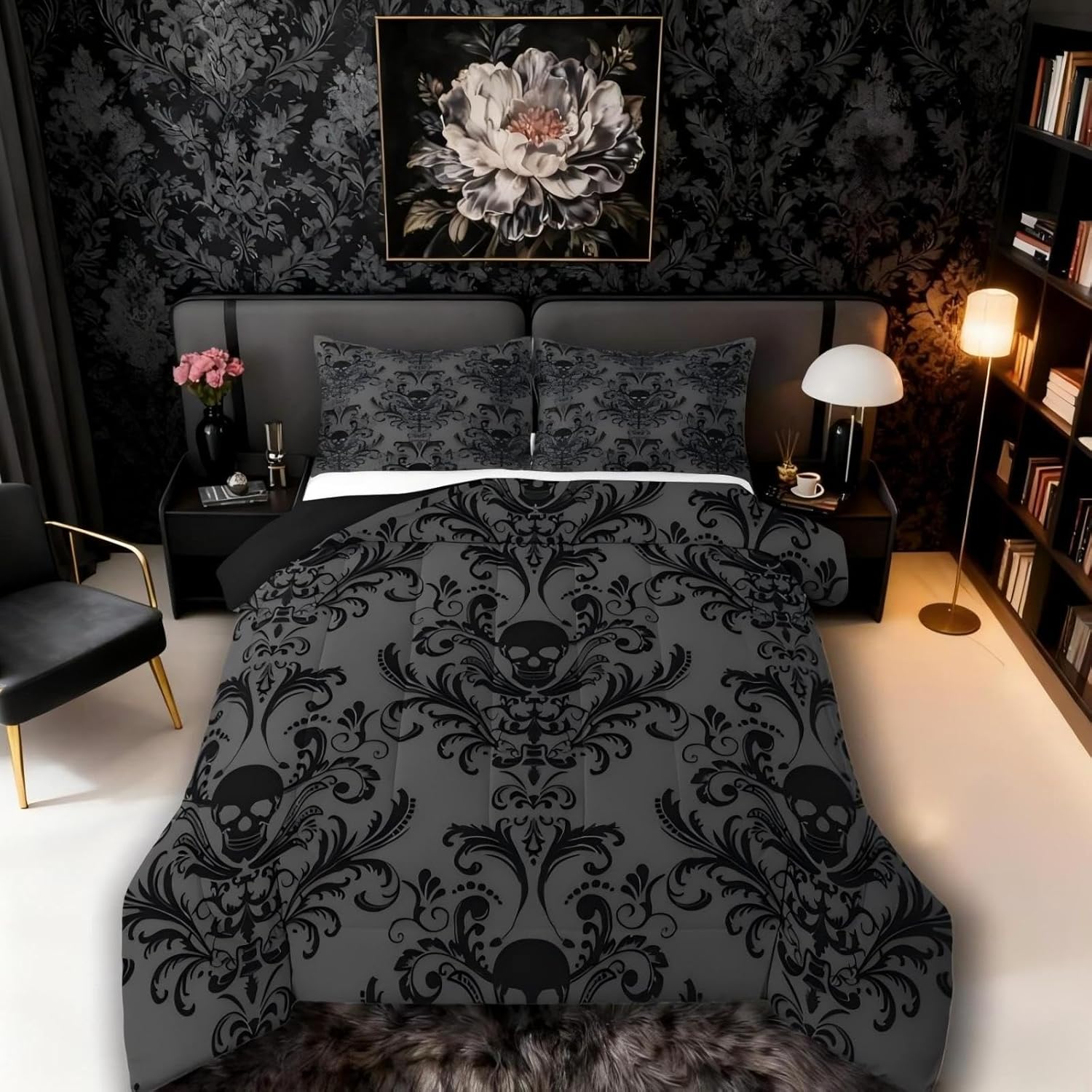 Erosebridal Adults Black Damask Bedding Set Antique Victorian Baroque Comforter Set Full Size Gothic Vintage Floral Quilt Exotic Sugar Skull Duvet Insert Full,Gothic Bone Skeleton Bohemian Decor,Grey