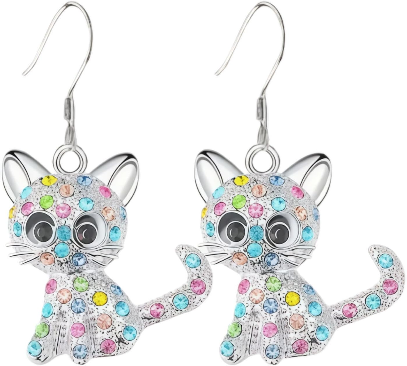 Cute Cat Dangle Earrings for Women Teenage Girl Dainty Drop Crystal Kitty Charm Pendant Cubic Zirconia Silver Hypoallergenic Trendy Jewelry for Daughter Wife Anniversary Birthday Gifts