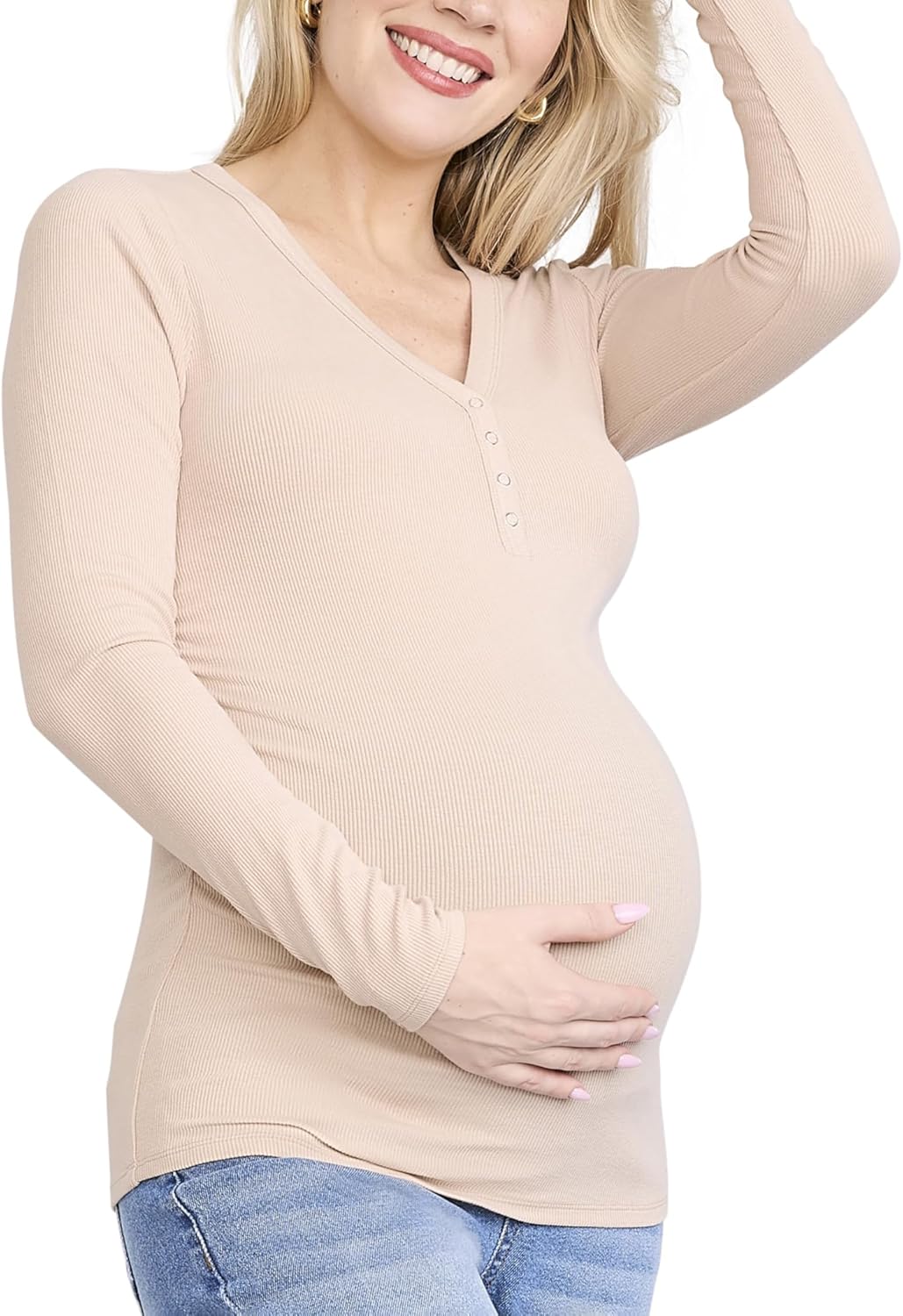 Motherhood Maternity Women's Long Sleeve V-Neck Side Ruched Henley Pregnancy Tee Shirt