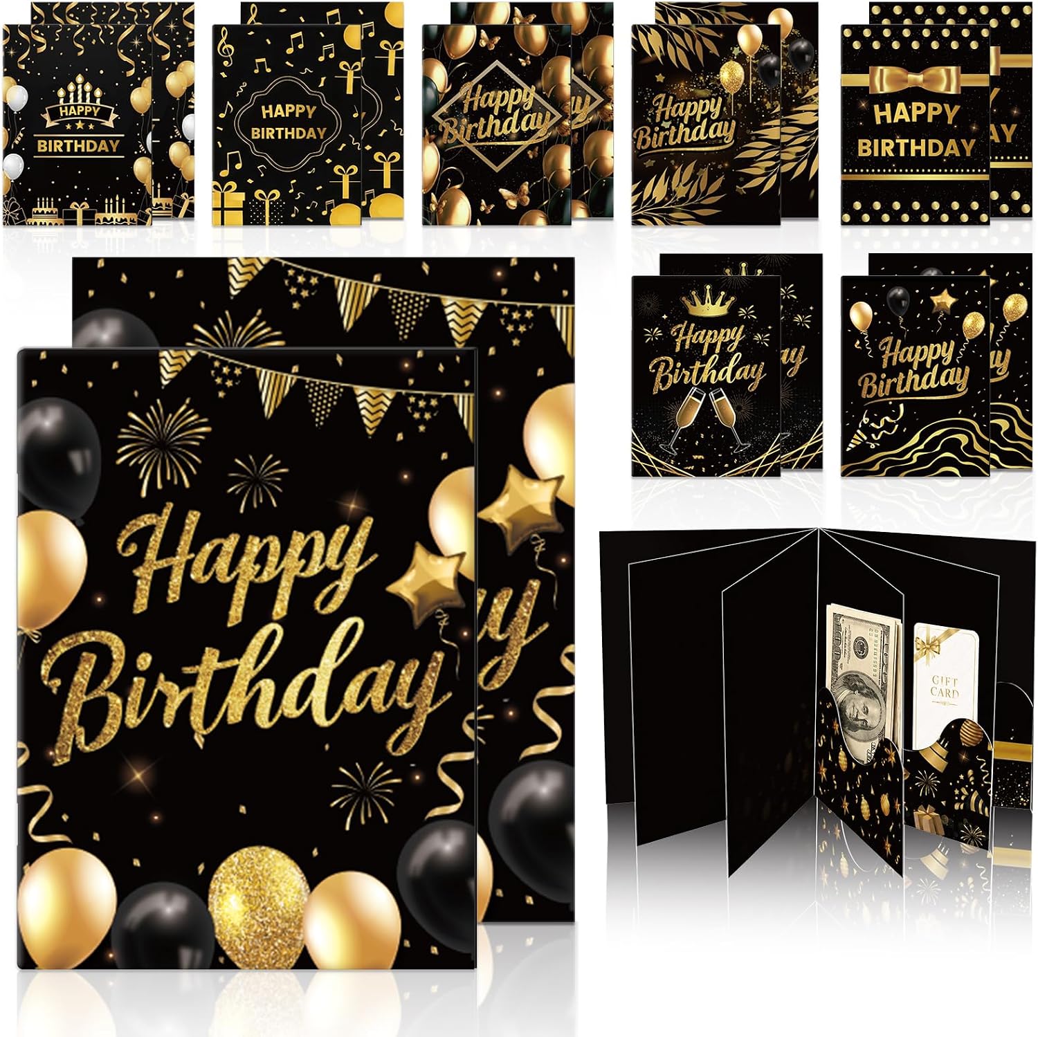 8 Set Happy Birthday Gift Card Booklet with Envelopes,Black Gold