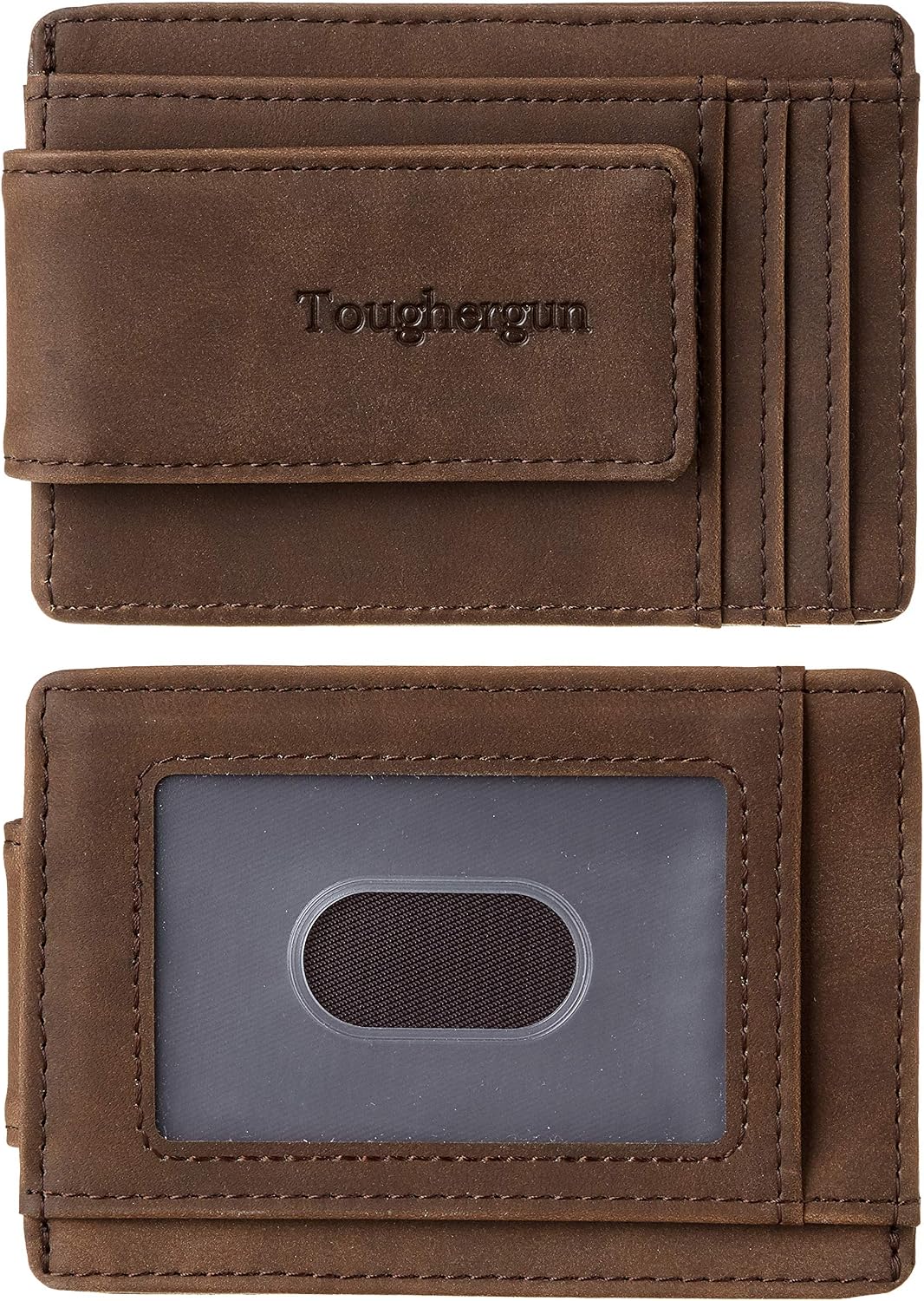 Toughergun Slim Wallet for Men RFID Blocking Money Clip, Minimalist Front Pocket Credit Card Holder, Magnetic Thin Mens Wallets with ID Window(Coffee)