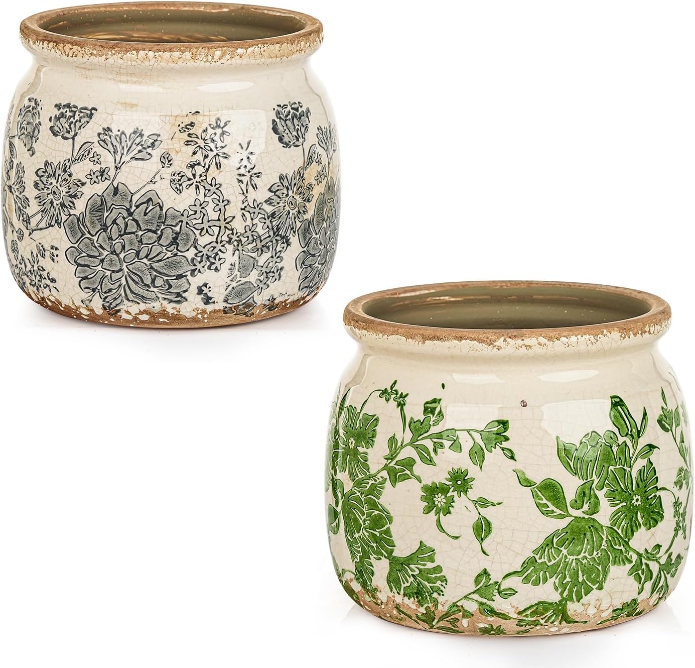 Sungmor 2 Pack Farmhouse Ceramic Planters, Tuscan Decor, Green & Grey